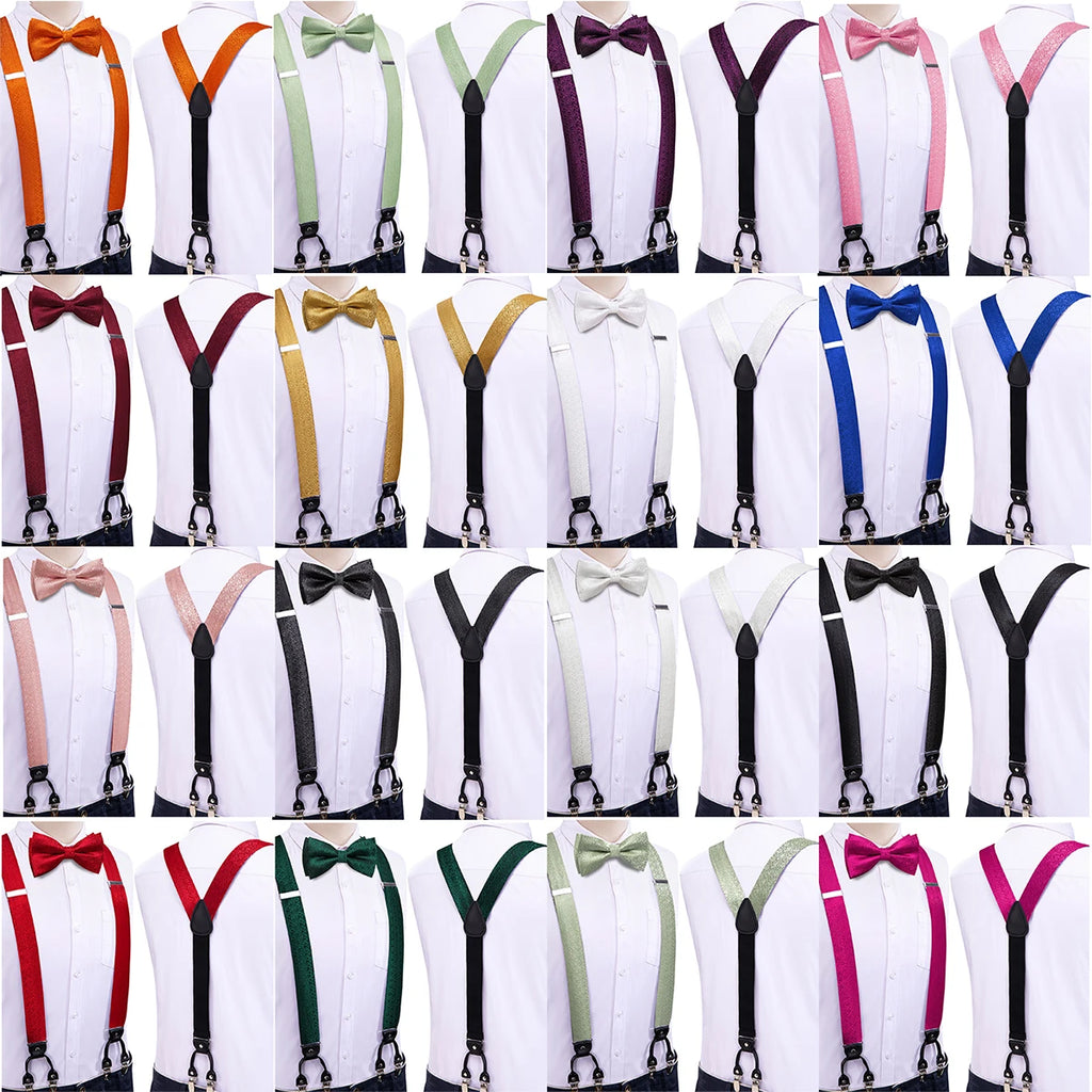 Hi-tie Silk Mens Braces Bowtie Hanky Cufflinks Y Back Clip Adjustable Qme