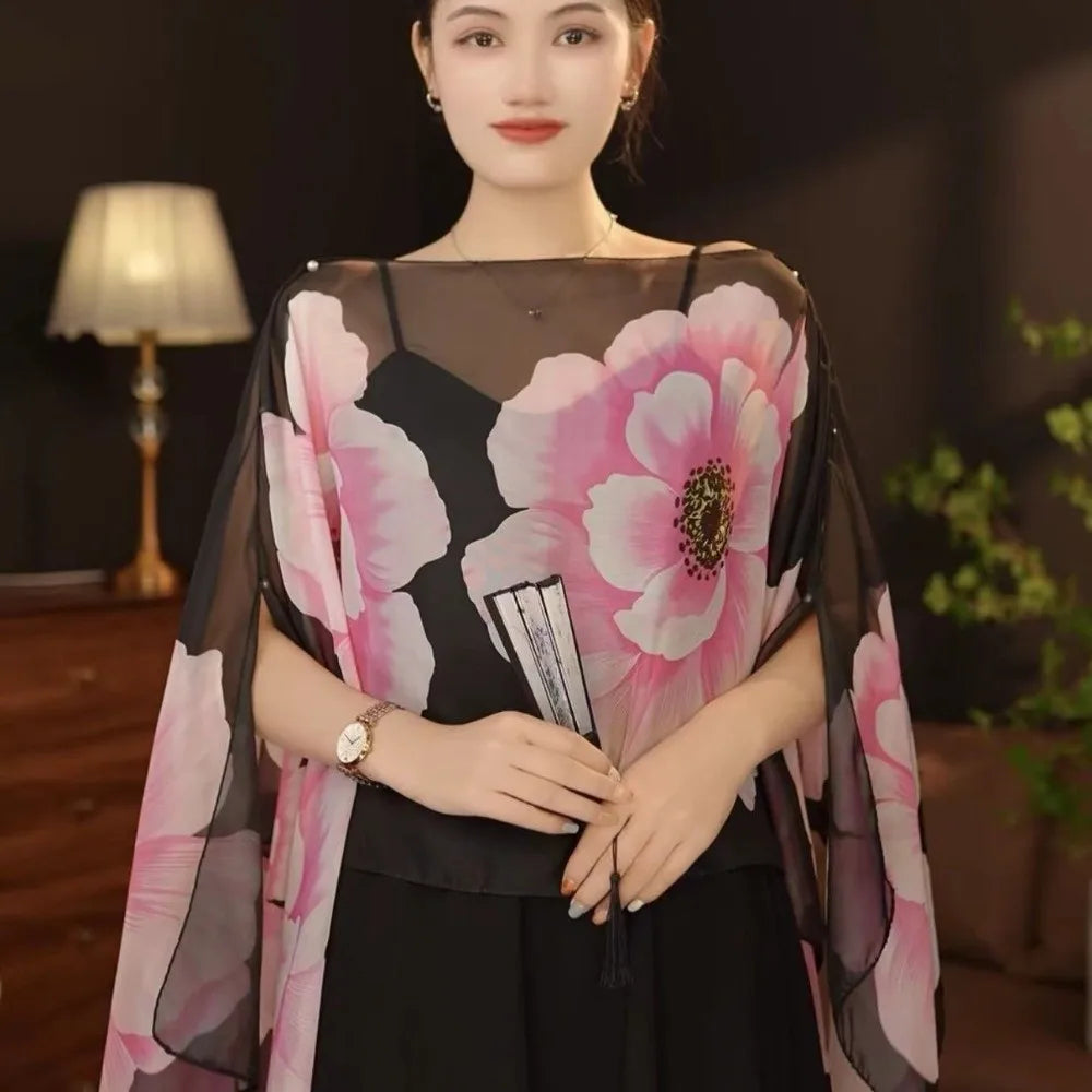 Multifuctional Breathable Shawl Flower Pattern Long Length Sun Protection Shawl Lightweight Breathable Fabric Chiffon Scarf Qme Style B