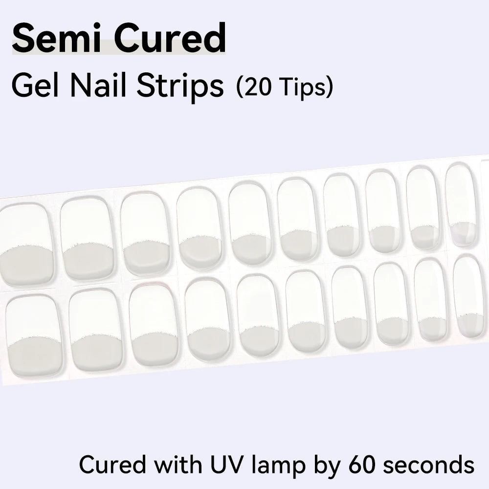 20Tips Leopard Pattern Semi-cured Gel Nail Strips French White Polish Qme NC240216
