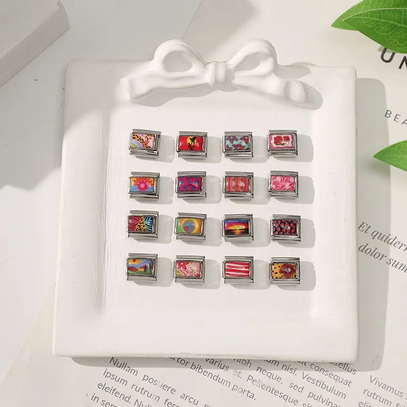 Fashion 3D Pattern Grapefruit Blue Flowers Piano Italian Charm Links Fit 9mm Stainless Steel Bracelet Jewelry DIY Making Beads Qme