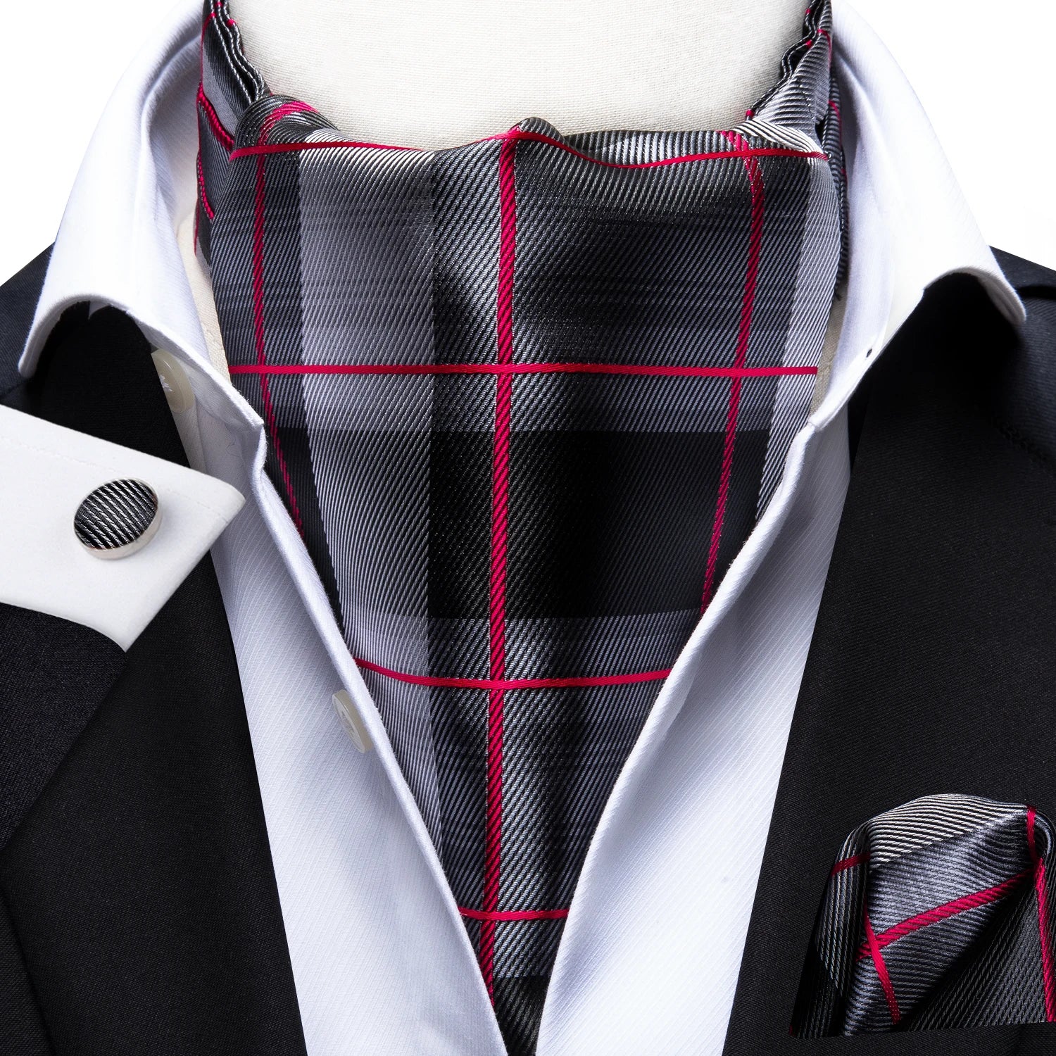 Silk Mens Ascot Black Pink Blue Red Gold Green Purple White Beige Cravat Tie Hanky Cufflinks for Male Wedding Business Prom Gift Qme AS-1041