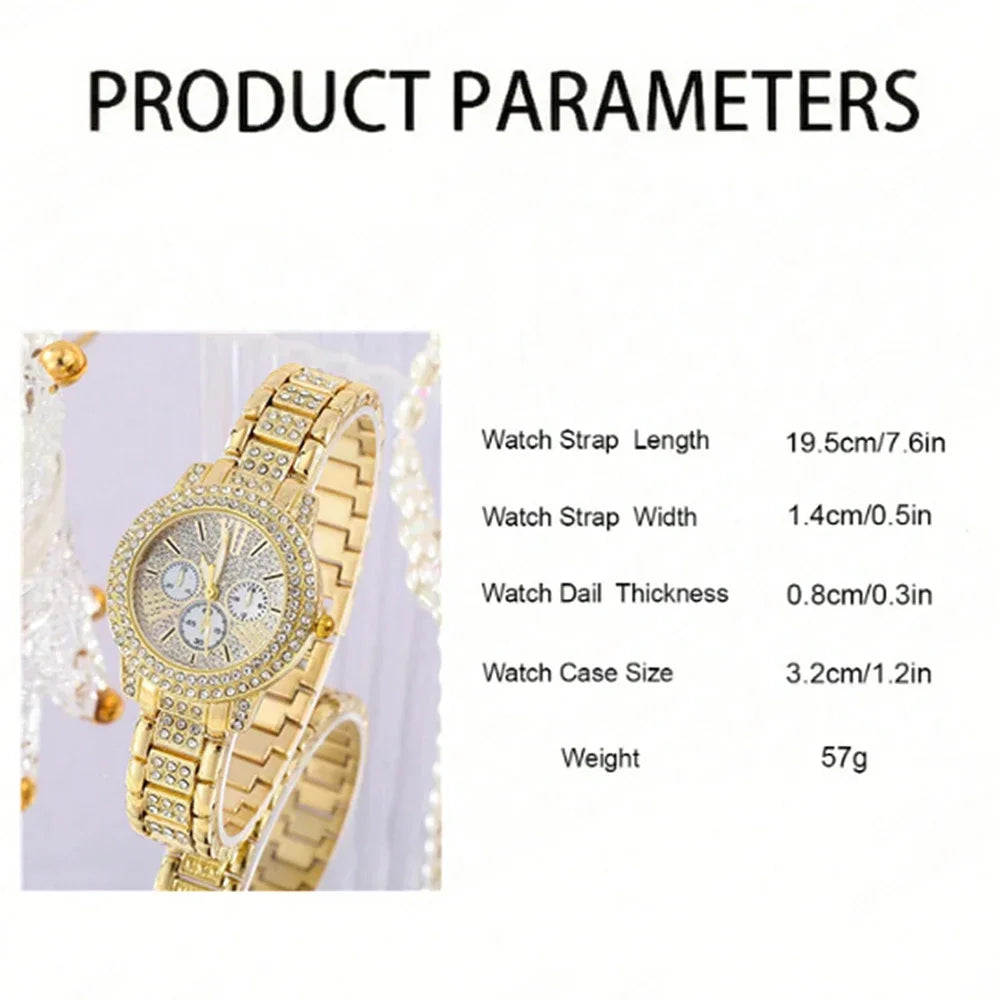 Women's Quartz Watch Gold Luxury Women Ring Necklace Earring Rhinestone Fashion Wristwatch Casual Ladies Watches Jewelry Set ﻿ Qme