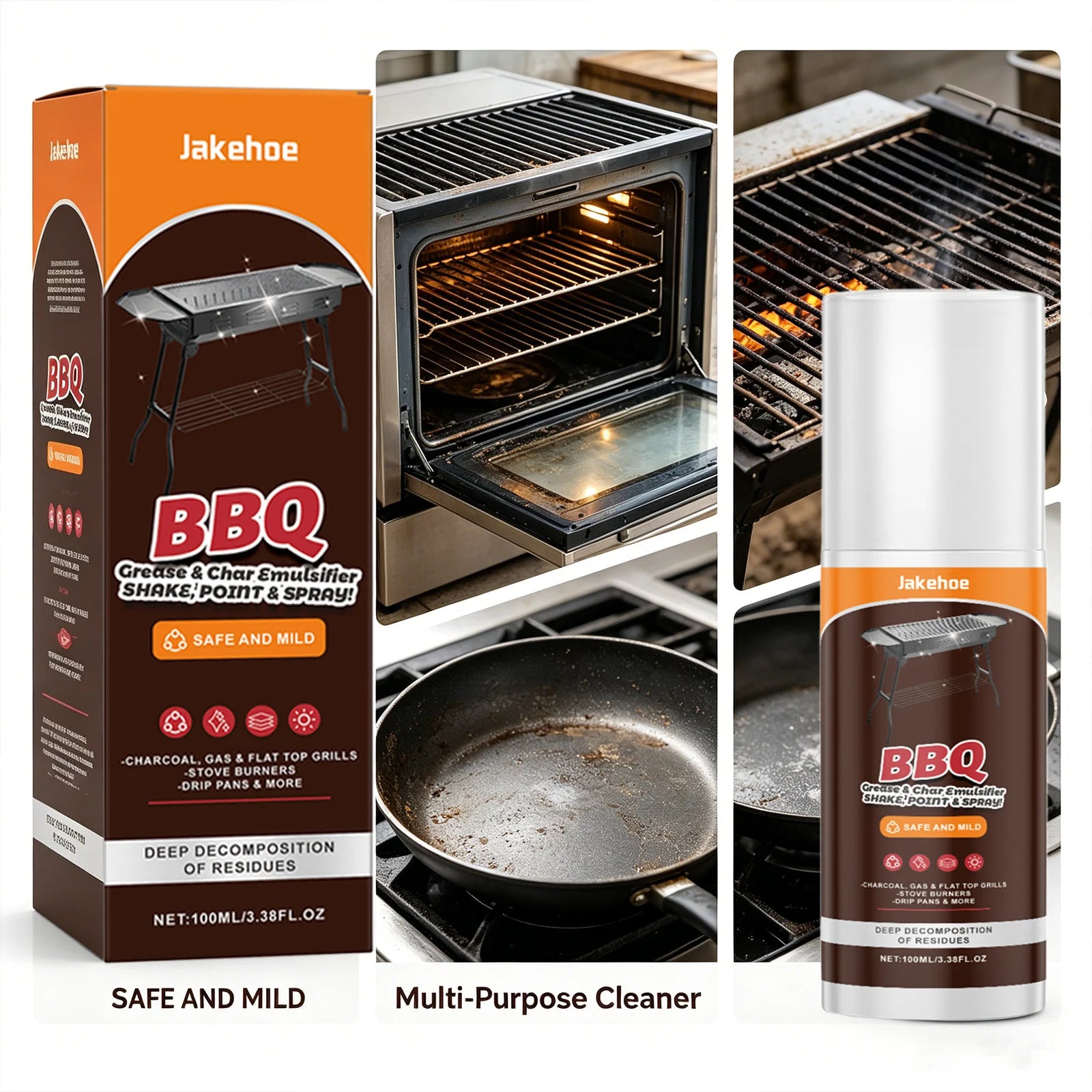 JAKEHOE BBQ Grill Cleaner Spray Dissolve Oil Stains Remove Burnt-On Food Fast-Acting BBQ Cleaning Solution Heavy-Duty Degreaser Qme