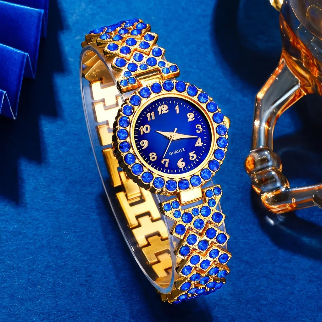 6pcs/set Women's Elegant Rhinestone Quartz Watch Blue Fashion Wrist Watch & Synthetic Gem Jewelry Set, Valentines Qme