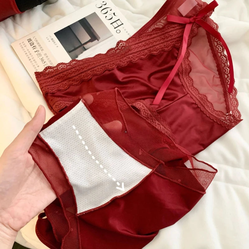 Women Cherry Red Lucky Satin Mesh Panties 10A Extended Mulberry Silk Qme