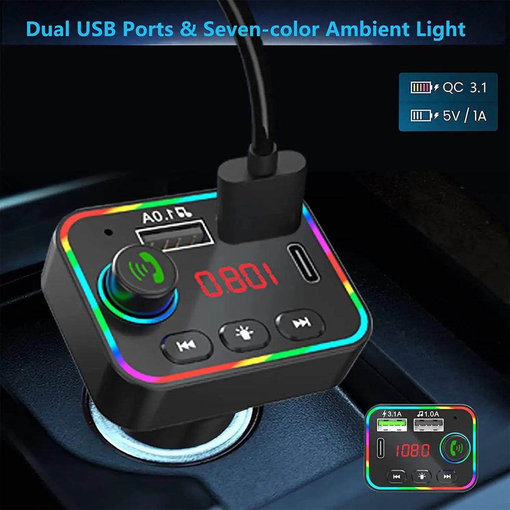 Bluetooth FM Transmitter for Car, Bluetooth 5.0 Car Mp3 Player with Led Display,7 Color Backlit Dual USB Car Radio Adapter Qme