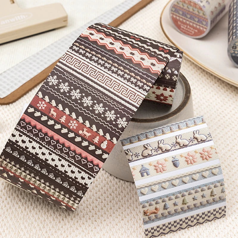 Vintage Knit Texture Die-Cut Washi Tape, Soft Style Journal Base & Section Decoration, Healing Stationery Qme