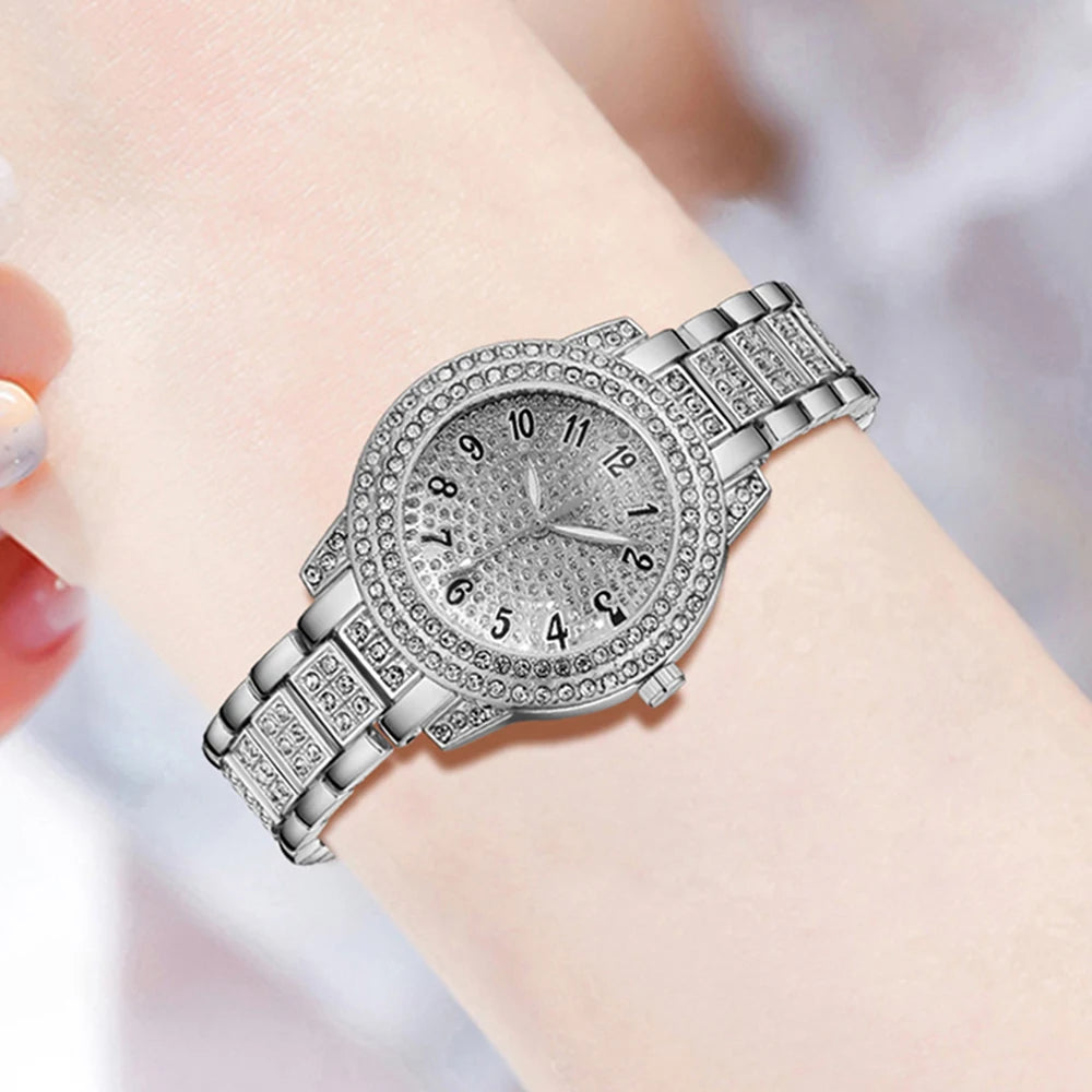 Full diamond silver steel band women's watch diamond bracelet Fried Dough Twists bracelet earrings five piece set accessories Qme