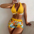 Women's Paneled Printed Swimsuit Ladies Fashion Sexy Split Boxer High Waist Swimsuit Two-Piece Set V-Neck Bathing Suits Female Qme Yellow XL