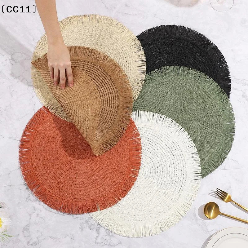 Woven Rattan Round Placemat Handmade Fringe Edge Heat Resistant Home Qme