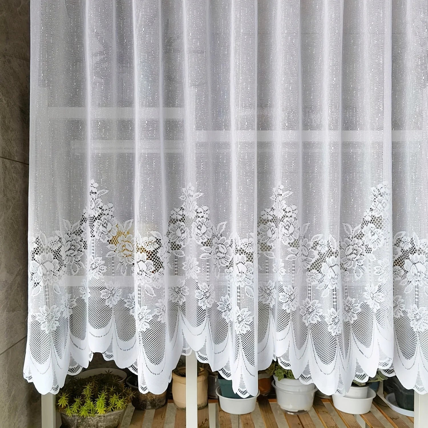 White lace chiffon curtains Floral pole pocket curtains with ruffles, semi-transparent and light-blocking, suitable for kitchens Qme W39 H36in (100 90cm)