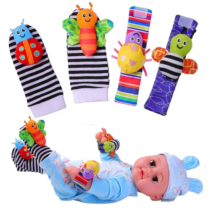 4Pcs Baby Toy 0-12 Months Baby Rattles Toys Animal Socks Wrist Strap + Rattle Baby Foot Socks Bug Wrist Strap Baby Socks New Qme