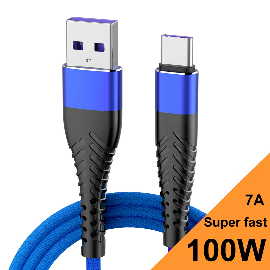 7A 100W 0.25/1/2/3M USB Data Charger Cable USB Type C Fast Charging Data Cable Cord For Huawei Xiaomi Samsung iPhone Phone Wire Qme Blue 0.25m