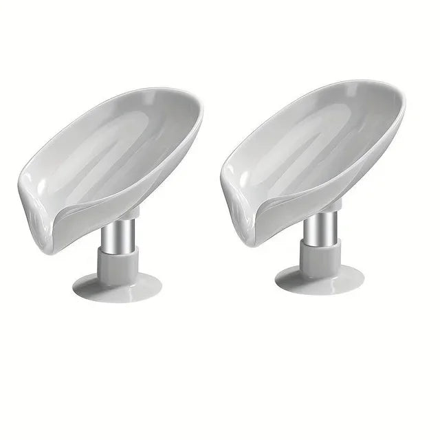 Leaf Design Drain Soap Box With Suction Cup Decorative Plastic Self Draining Bathroom Soap Tray Bathroom Organizers Storage Qme 2pcs Grey