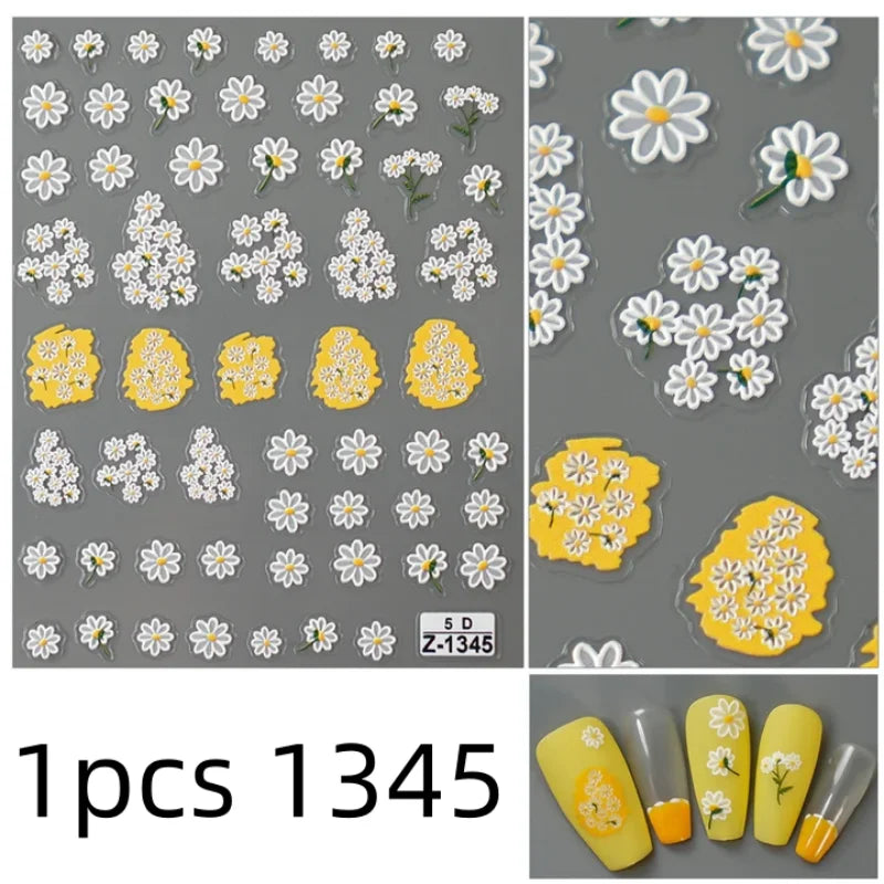 5D Flower Daisy Embossed Stickers Nail Sliders Decals Daisy White Florals Petals Flowers Back Glue Nail Sticker Decoration Qme 1pcs 1345