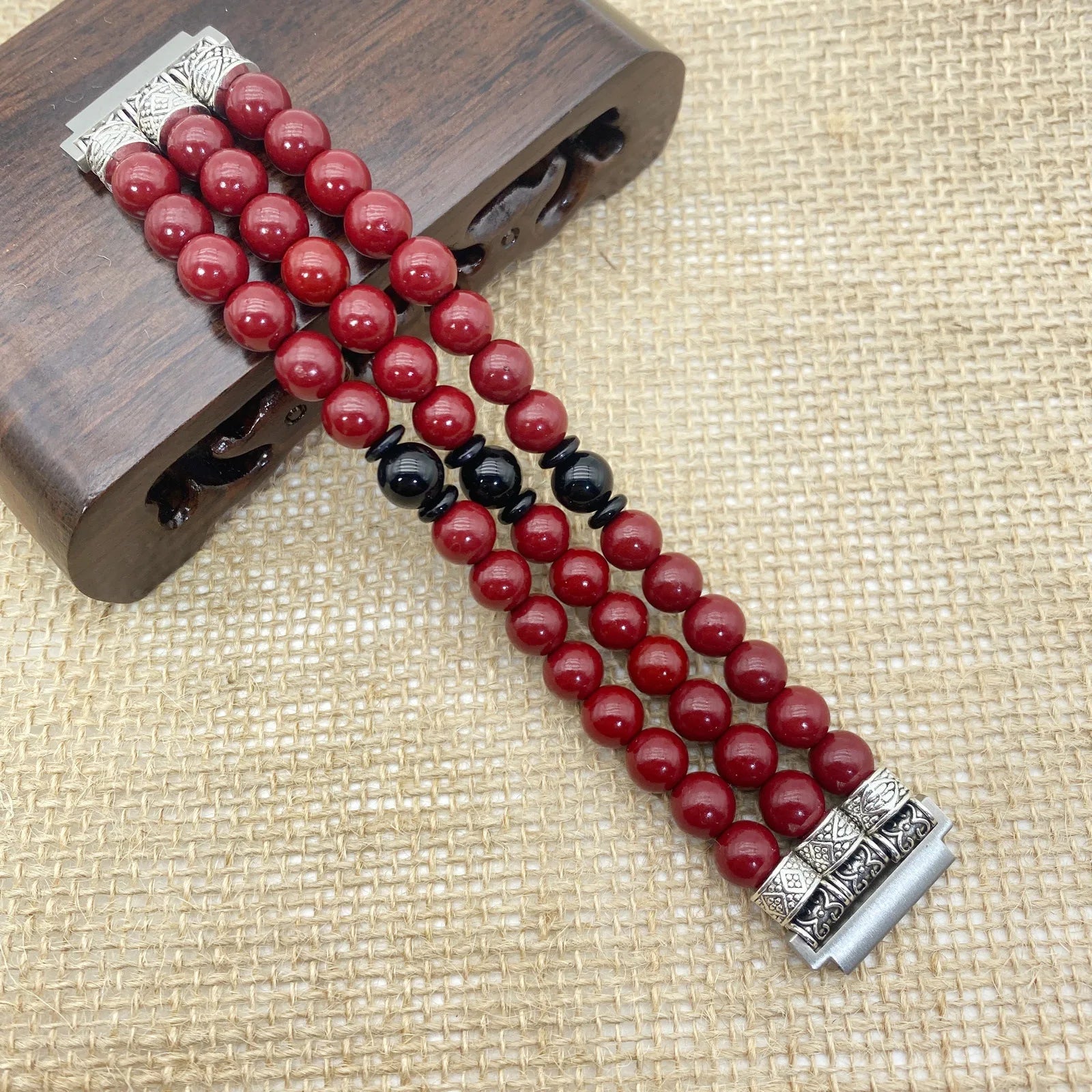 18mm Interface Premium Sandalwood Cinnabar Strap - Buddhist Beaded for Huawei Watch Qme Red Black 160-170mm