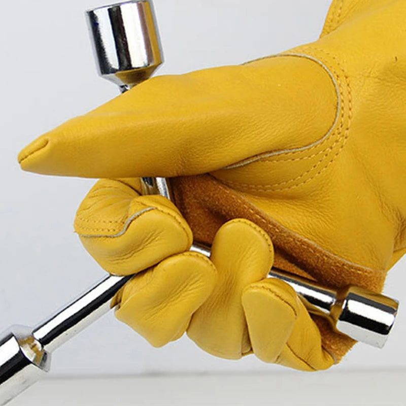Yellow Cowhide Safety Gloves Heavy Duty Stretchable Welding Driving Qme