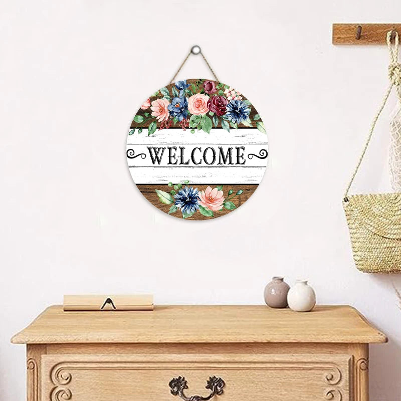 Rustic Flower Welcome Wall Hanging Decor Round Wood Art Plaques Sign Door Sign for Spring Home Living Room Decor Qme