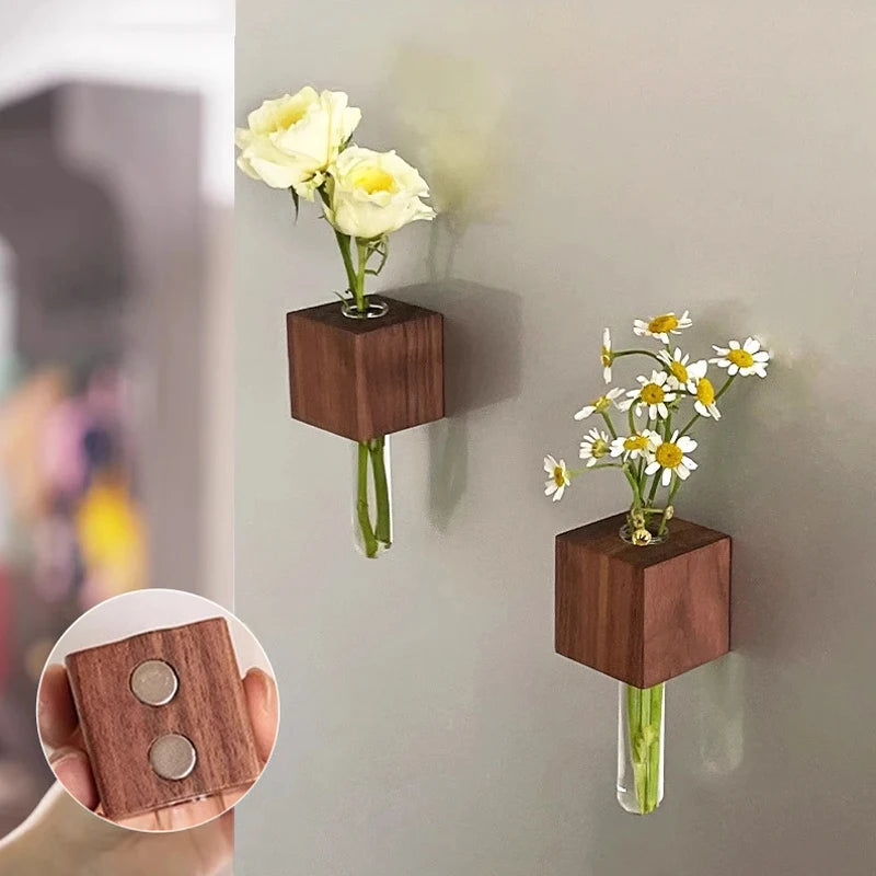 1/2pcs Wooden Magnetic Test Tube Vase Refrigerator Magnet DIY Flower Arrangement Simulation Flower Vase Home Kitchen Decoration Qme