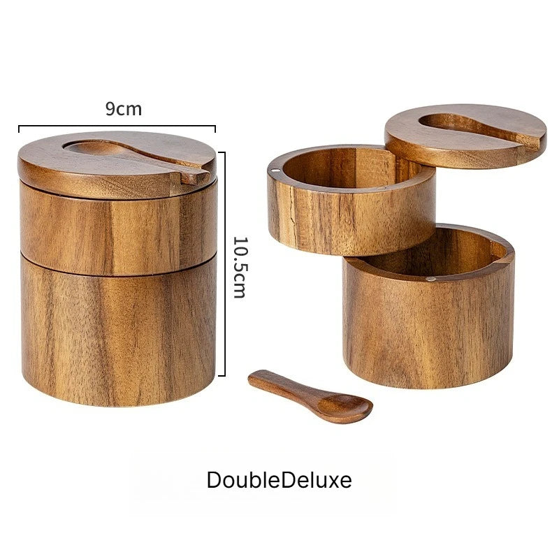 A Acacia wood salt jar, solid wood seasoning box, wooden pepper box, kitchen seasoning bottle, salt box, storage seasoning jar Qme Double layer