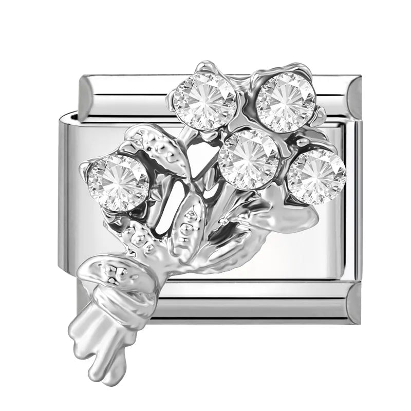 New Shiny Zircon Heart Bow Butterfly Bouquet Star Italian Charm Links Fit 9MM Stainless Steel Bracelet Girls' DIY Making Gift Qme S 14