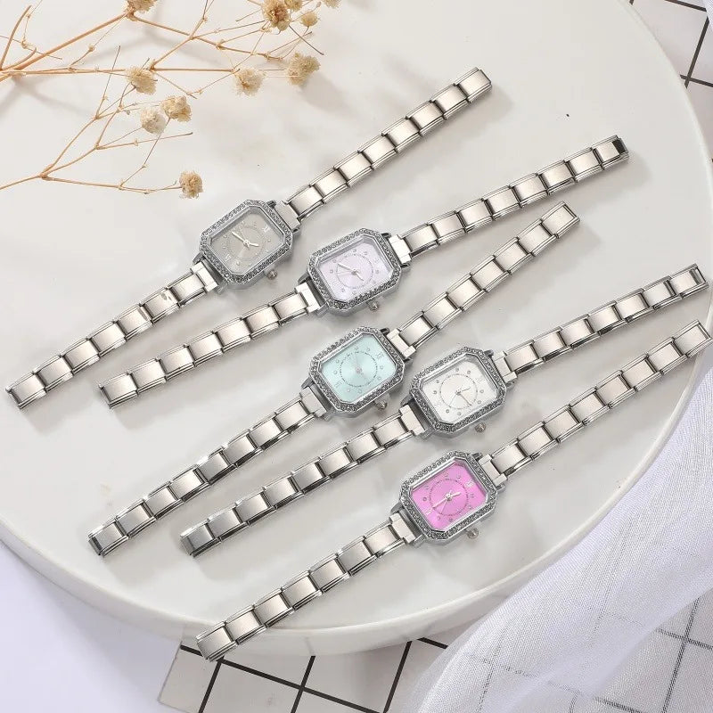 Y2K Colored Dial Fashion Women's Stainless Steel Zircon Square Watch DIY 9mm Width Bracelet Head ForParty Friend DIYJewelry Gift Qme