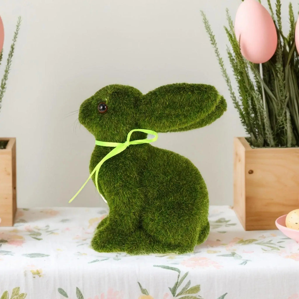 Moss Rabbit Decor Tabletop Sculpture Ornament Garden Easter Rabbit Figurines Flocked Animal Statue Figurine for Outdoor Garden Qme