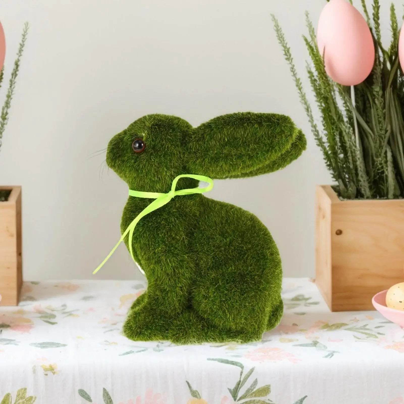 Moss Rabbit Decor Tabletop Sculpture Ornament Garden Easter Rabbit Figurines Flocked Animal Statue Figurine for Outdoor Garden Qme