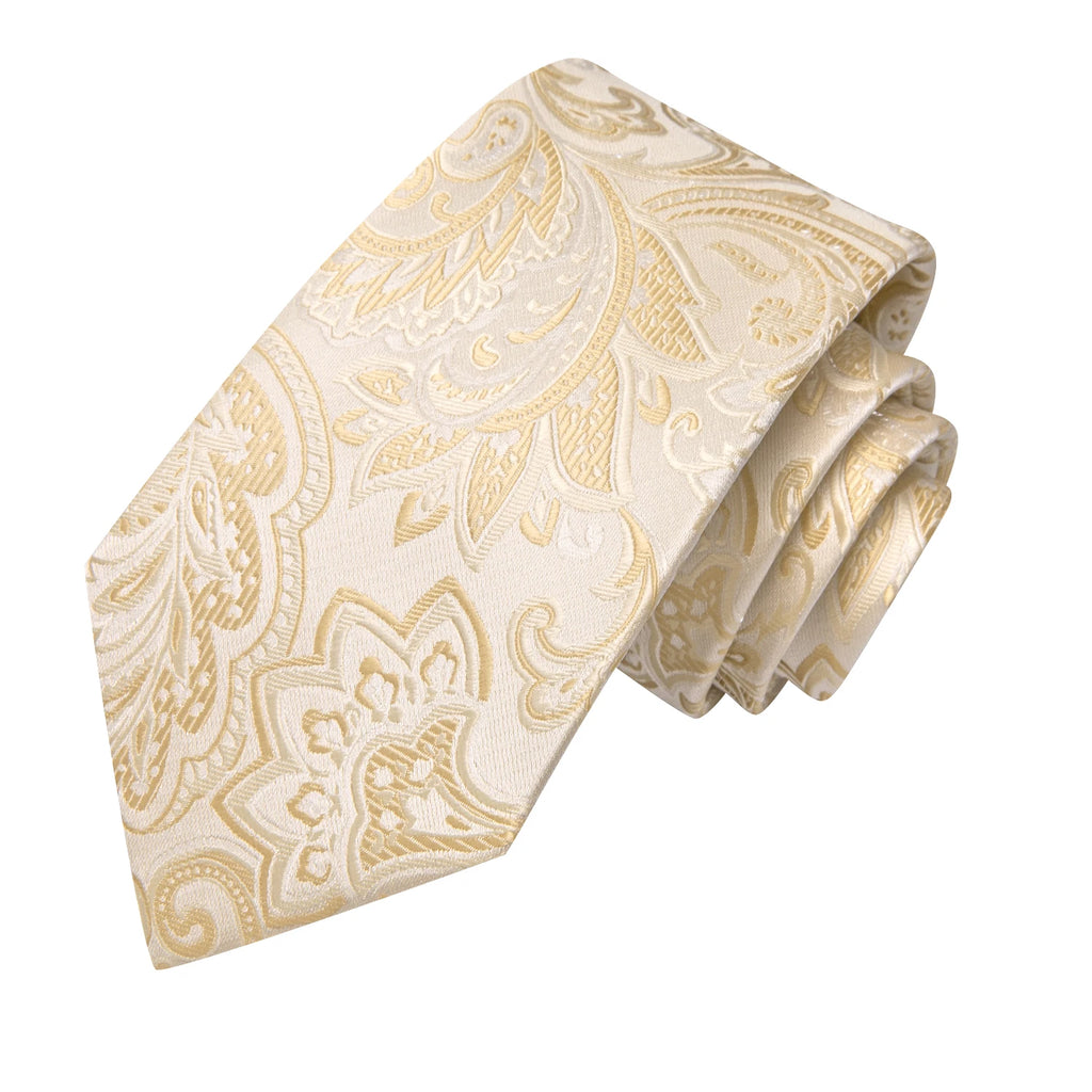 Hi-tie Floral Champagne Ivory Mens Elegant Necktie Handkerchief Qme