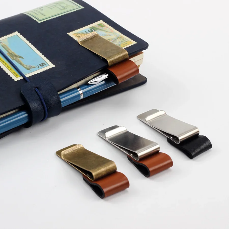 Handmade Leather Brass Stainless Steel Pen Holder Clip Journal Notebook Paper Folder Writing Office Supplies Qme