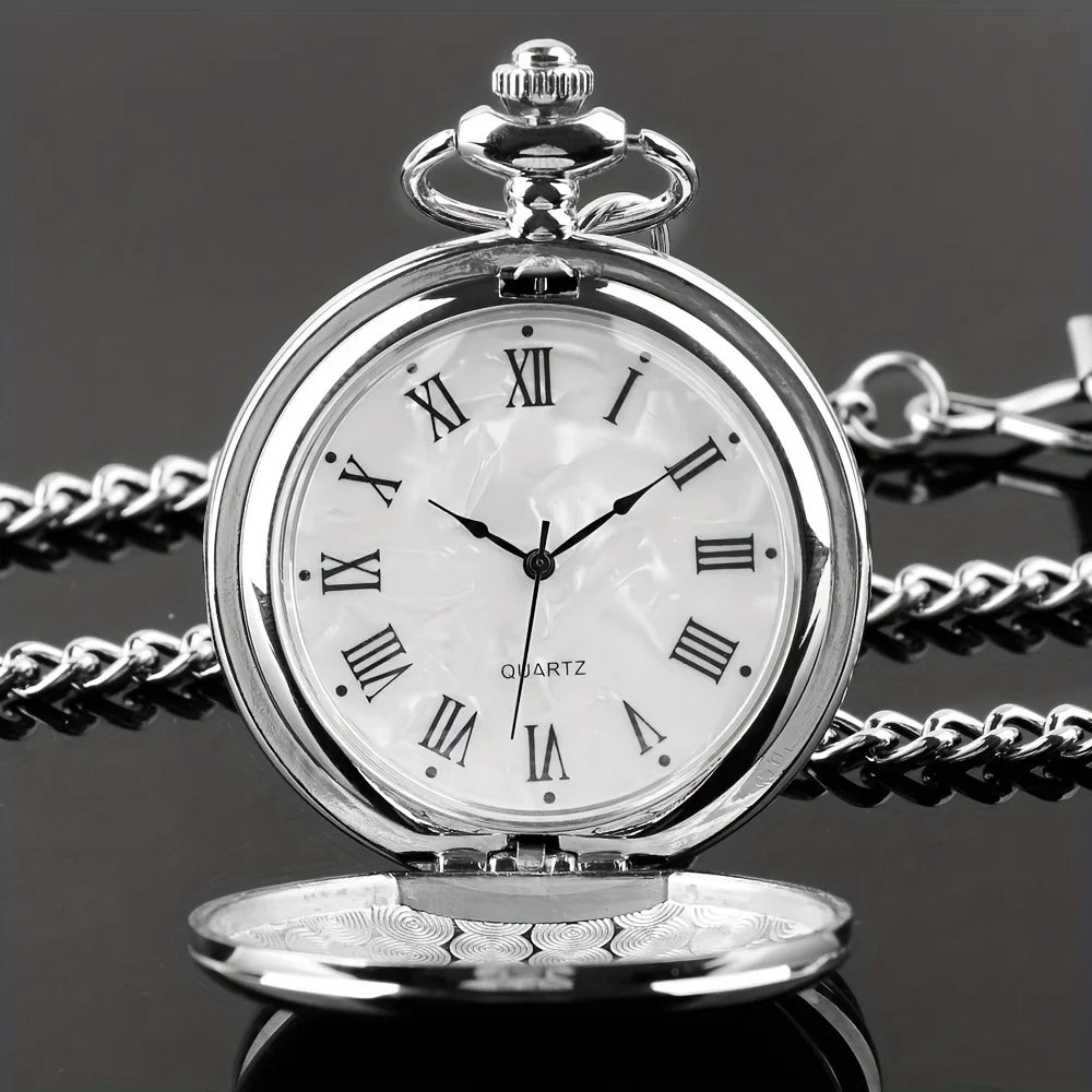 Smooth Steel Quartz Pocket Watch, Vintage Roman Number Dial Watch Qme Silver