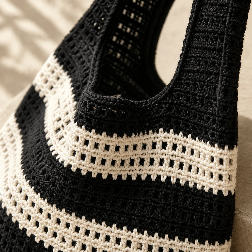 Women'S Crochet Handbag, Retro Vacation Style Handmade Crochet Striped Decorative Shoulder Needlepoint Large Capacity Handbag Qme