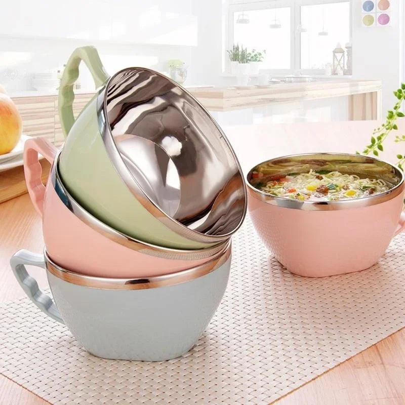 Stainless Steel Bowl with Handle Solid Color Anti Scalding Instant Noodles Mixing Bowl Kitchen Tableware Food Accessory Qme