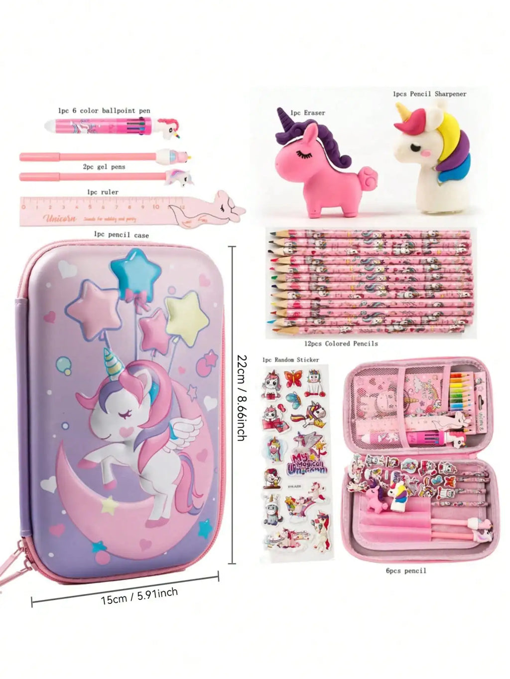 26Pcs 3D EVA Pencil Case Unicorn Dinosaur Stationery Set Pencil Pouch with Pencils Eraser Sharpener Stickers School Supplies Qme 26 pcs unicorn