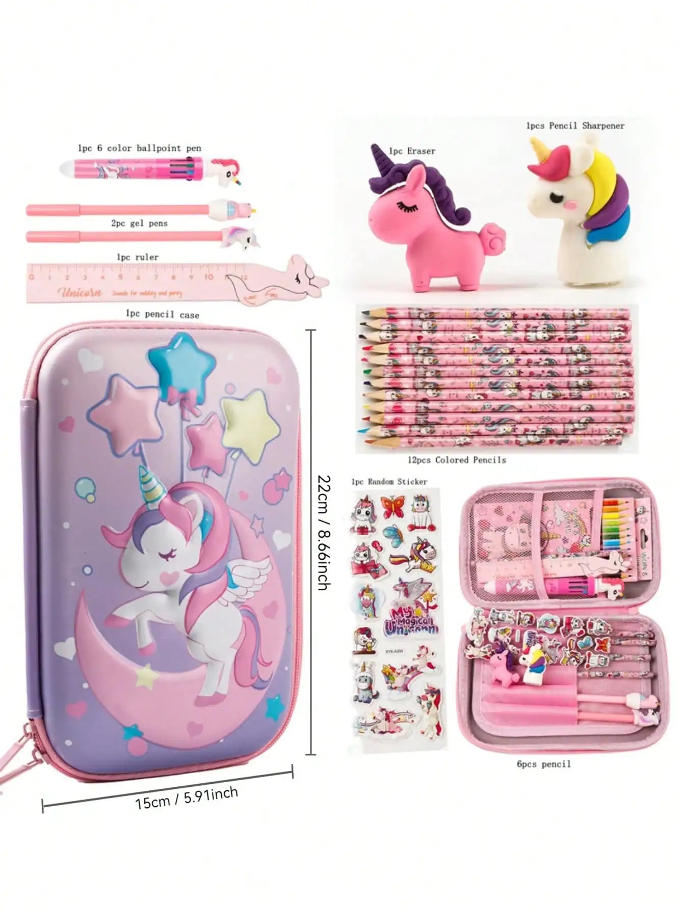 26Pcs 3D EVA Pencil Case Unicorn Dinosaur Stationery Set Pencil Pouch with Pencils Eraser Sharpener Stickers School Supplies Qme 26 pcs unicorn