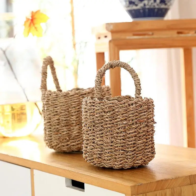 Wall Hanging Basket Boho Hand-woven Storage Baskets Kitchen Ginger Qme