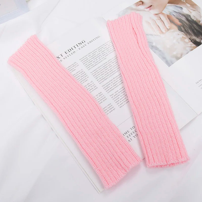 Long Fingerless Gloves Women Mitten Winter Arm Warmer Kawaii Knitted Qme pink one size