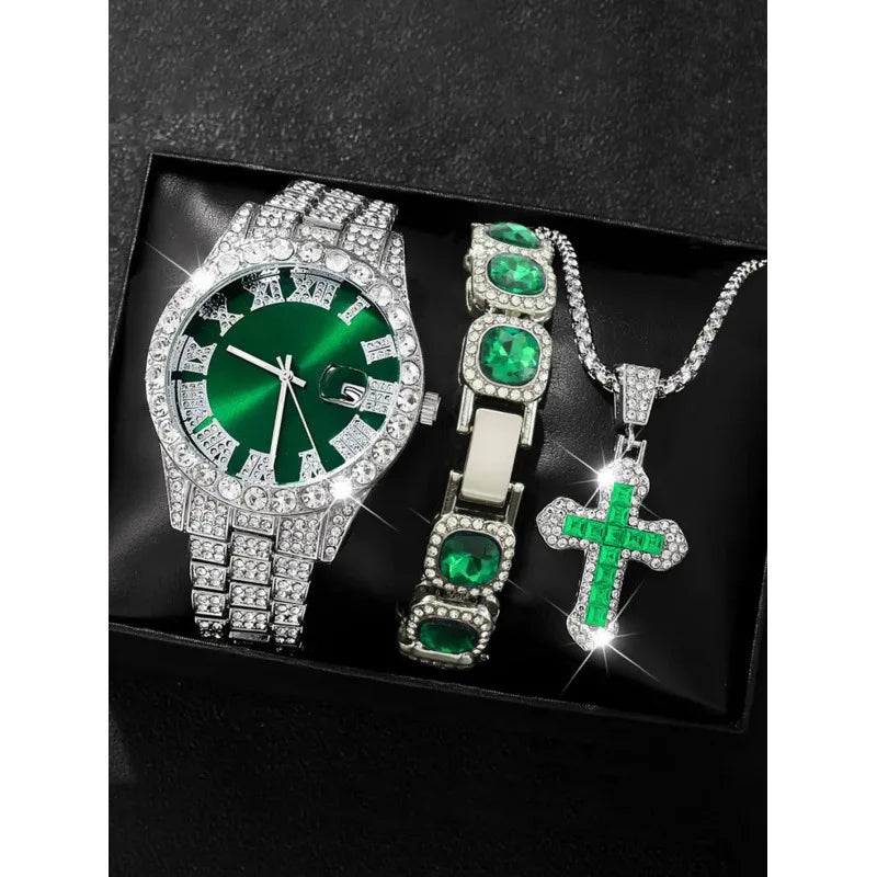 18 styles of hip-hop diamond studded quartz watches, sugar bracelets, cross necklaces, men's large dial set Qme WHITE