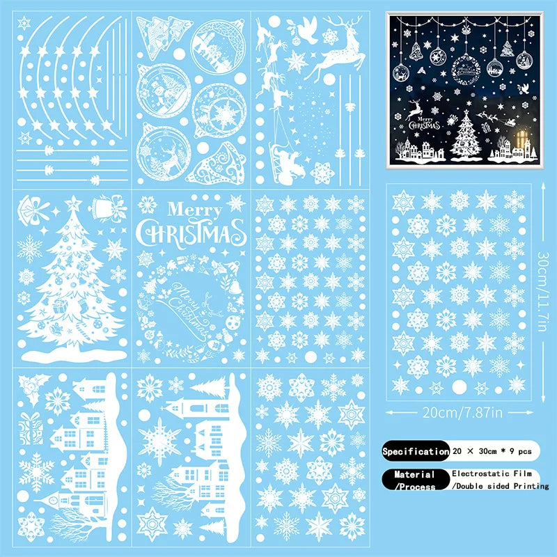 9pcs Snowflake Christmas Window Stickers Reindeer New Year Decal Wall Sticker White Christmas Electrostatic Stickers Decorations Qme 9PCS