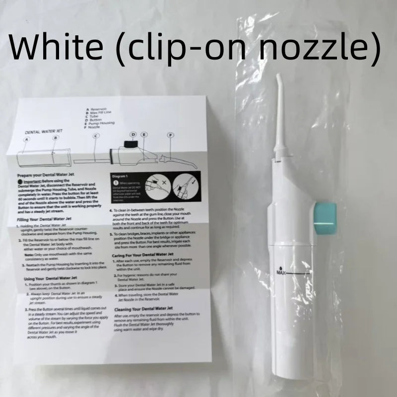 Manual Pressure Portable Dental Cleaner Water Jet Floss Tooth Pick Jet Tip Teeth Cleaning Dental Stone Remover Qme white clip