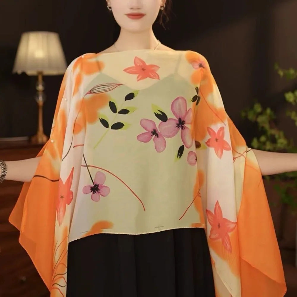 Multifuctional Breathable Shawl Flower Pattern Long Length Sun Protection Shawl Lightweight Breathable Fabric Chiffon Scarf Qme Style M