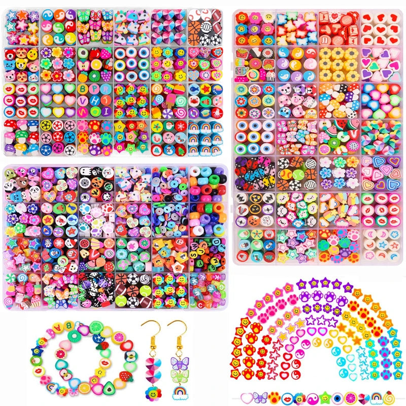 Polymer Clay Beads Kit 24 Styles Cute Fun Clay Beads Flower Butterfly Heart Letter Pony Beads for Bracelet Necklace Making DIY Qme