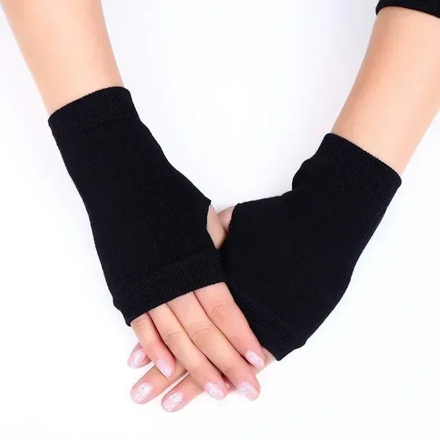 Winter Gloves Men Half Finger Writting Office Cycling Knitted Qme black1 One Size