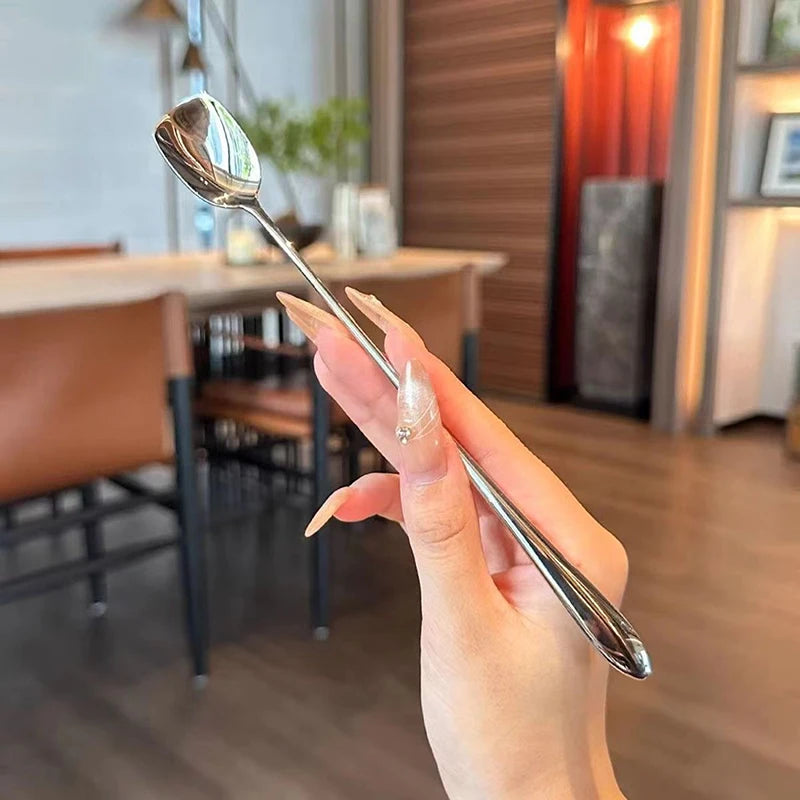 Stainless Steel Long Handle Round Spoon Golden Dinner Stirring Qme