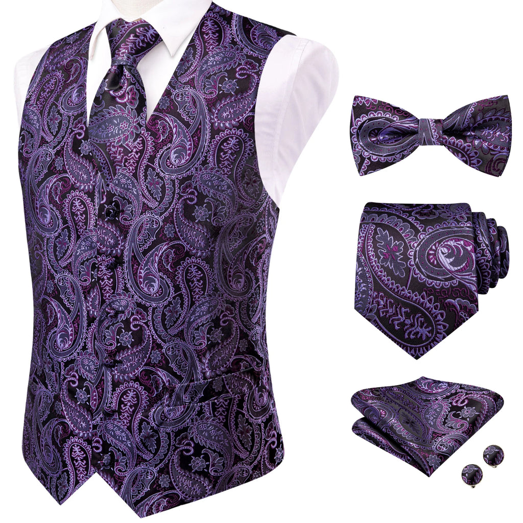 Classic Purple Printed V-Neck Waistcoat 5 In 1 Men Formal Dress Matching Accessories Qme
