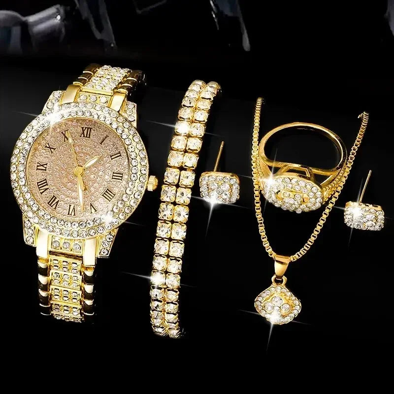 Golden Watch Women Ring Necklace Earrings Rhinestone Fashion Wristwatch Female Casual Ladies Watches Bracelet Set Clock Qme Gold