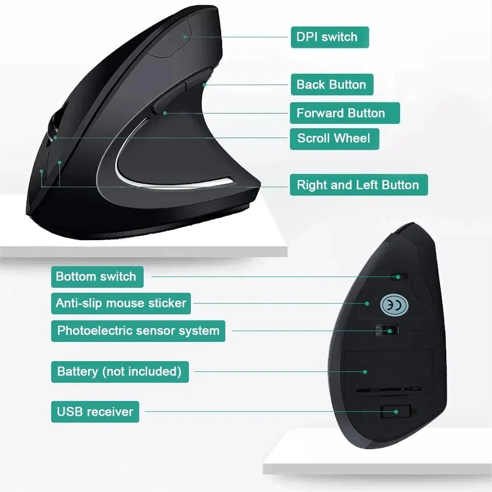 HOMEFISH Vertical Mouse Ergonomic 2.4GHz Wireless Optical Mice 3 Adjustable DPI 800/1200/1600 6 Buttons for Laptop PC Computer Qme