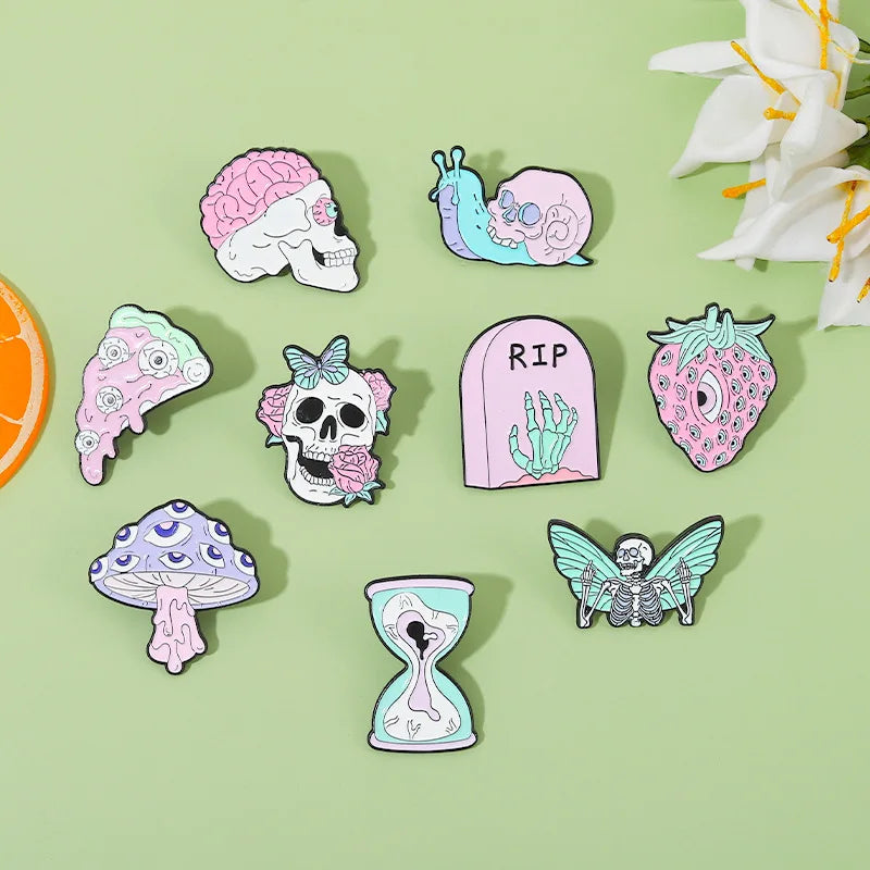 Purple Skeleton Enamel Pin Punk Butterfly Flower Intensive Eyes Gothic Strawberry Mushroom Halloween Lapel Badge Friends Jewelry Qme