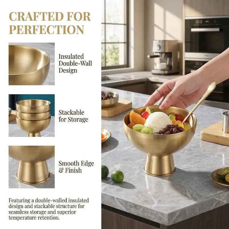 Ice Cream Bowl Food Grade Stainless Steel Salad Cup Dessert Gold Qme