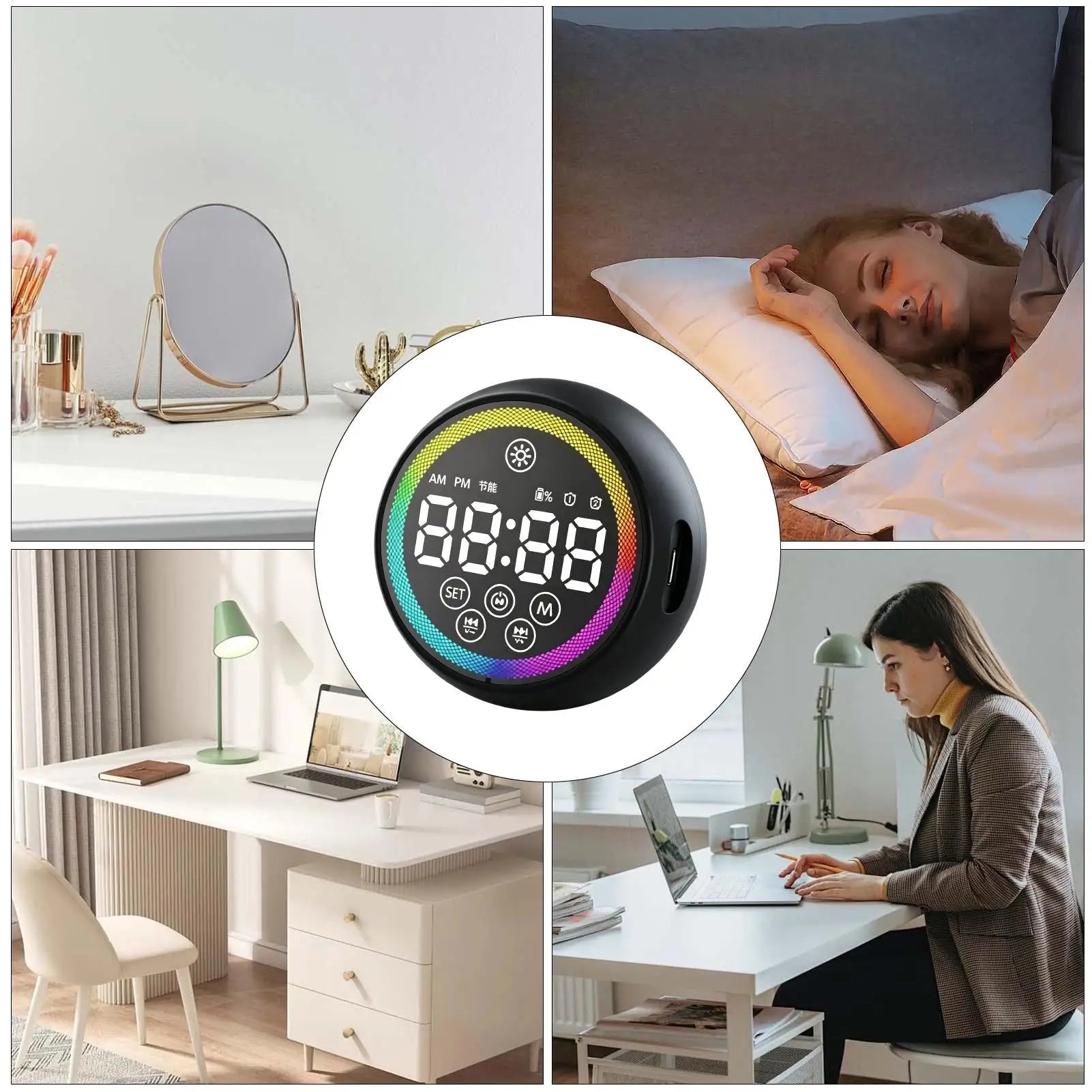 Digital Alarm Clock LED Display Portable Loud Sound Speaker Bedside Qme
